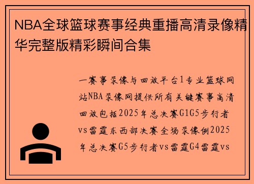 NBA全球篮球赛事经典重播高清录像精华完整版精彩瞬间合集